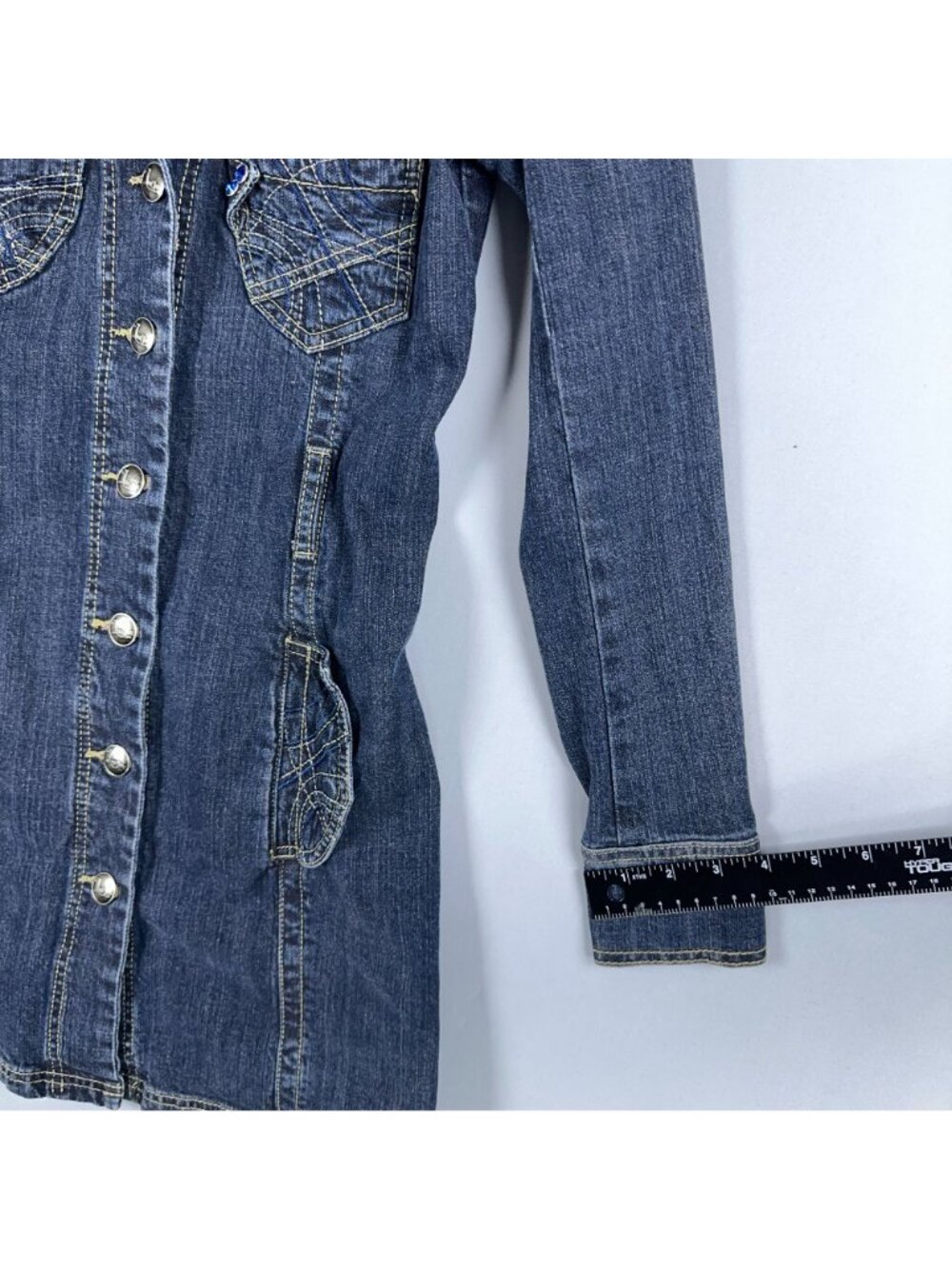 Jou Jou Premium Denim Dress Size Small Button Down Long Sleeve Notch Lapel - Picture 9 of 10